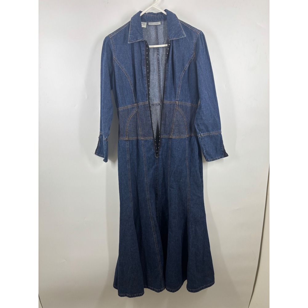 Jeanology Collection Denim Maxi Dress Blue Hook & Eye Front Corset Waist Sz 10